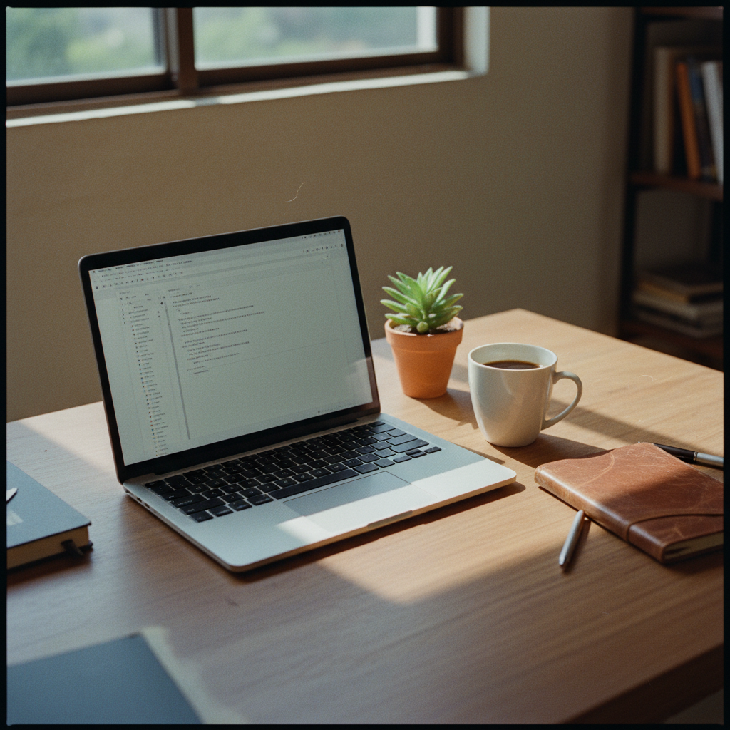 A clean, minimalist workspace with a high-end laptop, a cup of filter coffee, and a notebook on a wooden desk in a bright Bangalore office.