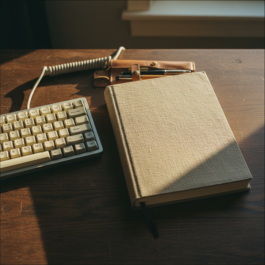 A clean, minimalist desk with a notebook, a heavy mechanical keyboard, and a single glass of water in morning light.