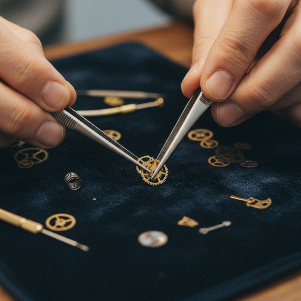 A close-up of a person's hands organizing small, precisely cut metal components on a workbench.