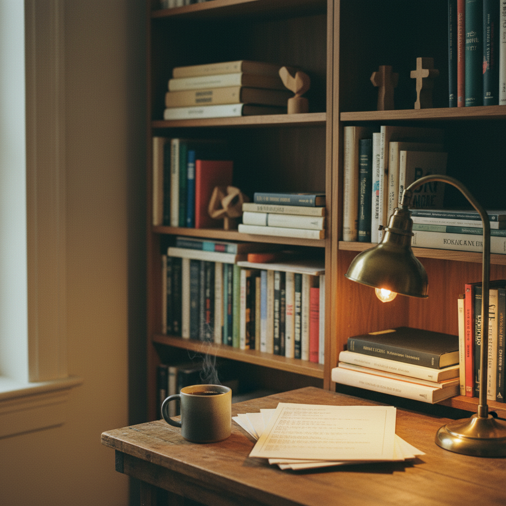 A developer's workspace featuring a stack of technical books and a coffee mug next to a vintage desk lamp.