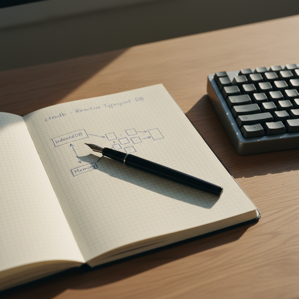 A close-up shot of an open notebook with handwritten database schema designs next to a high-quality mechanical keyboard on a wooden desk.