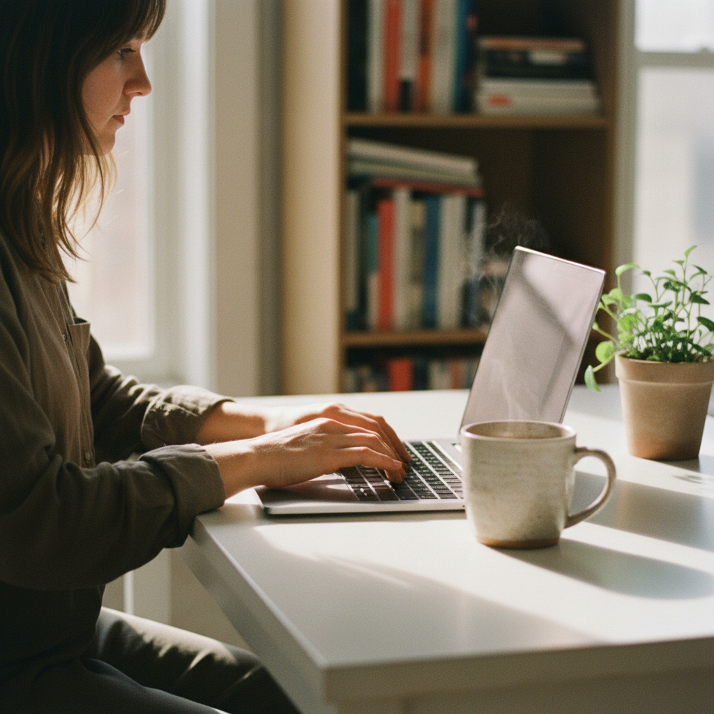 A person using a laptop in a brightly lit home office, focused on a clean digital dashboard.