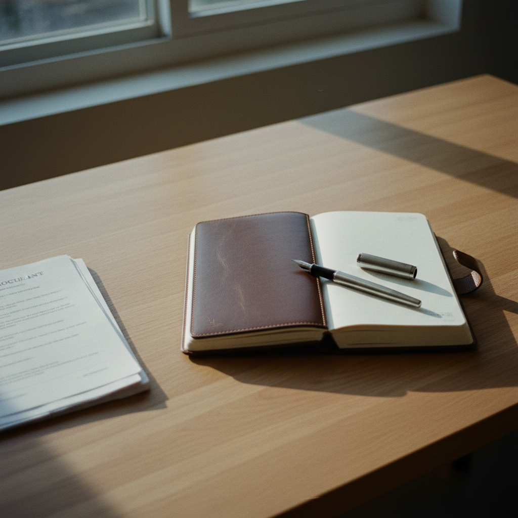 A clean wooden desk with a leather-bound notebook and a vintage fountain pen, symbolizing organized financial planning.