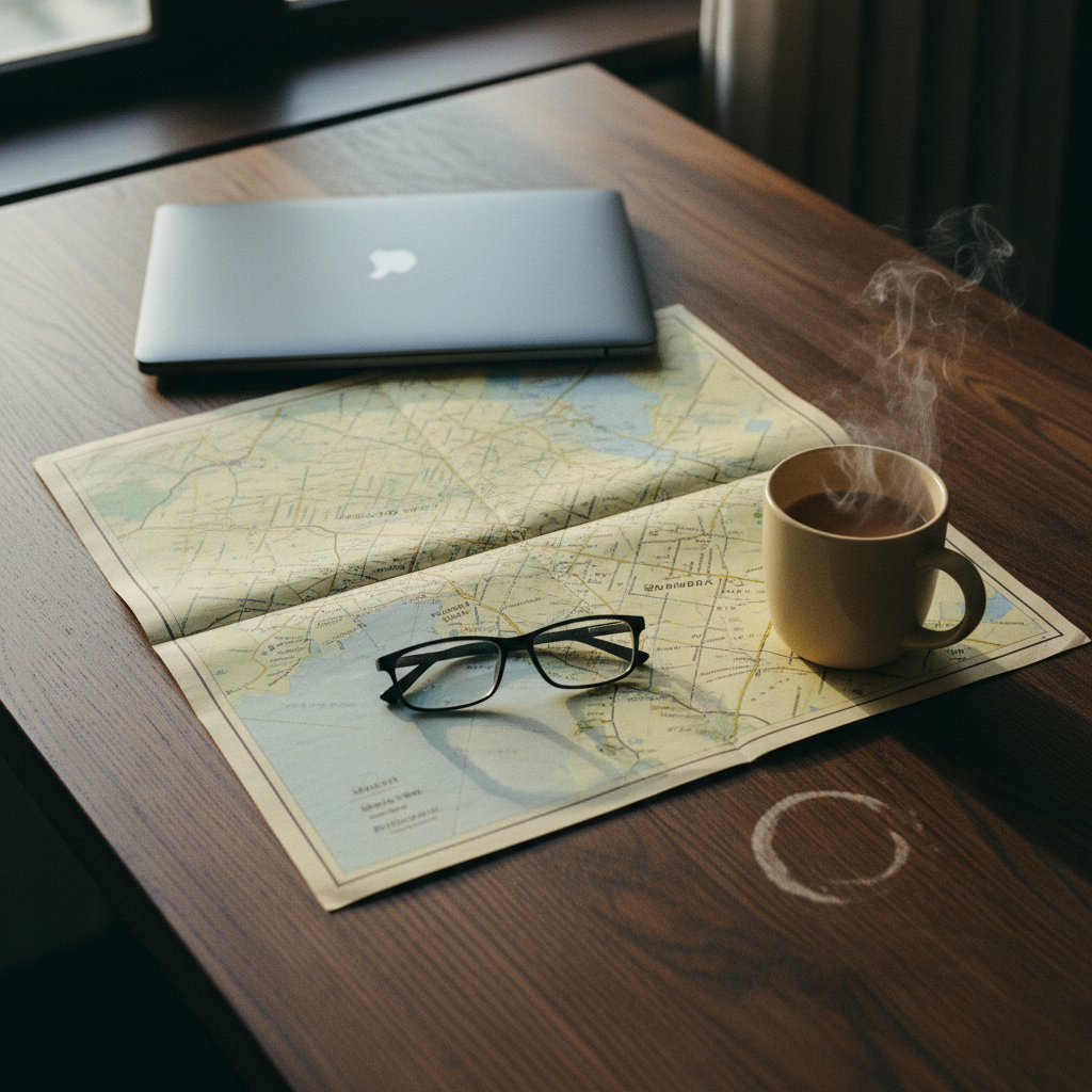 A high-angle shot of a clean, minimalist wooden desk in a London home office, featuring a printed map of Mumbai, a brass compass, and a cup of tea.