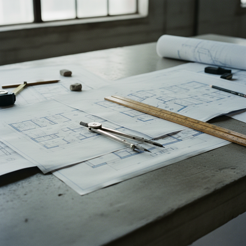 A close-up of a property developer's hands reviewing architectural site plans for a new commercial build.