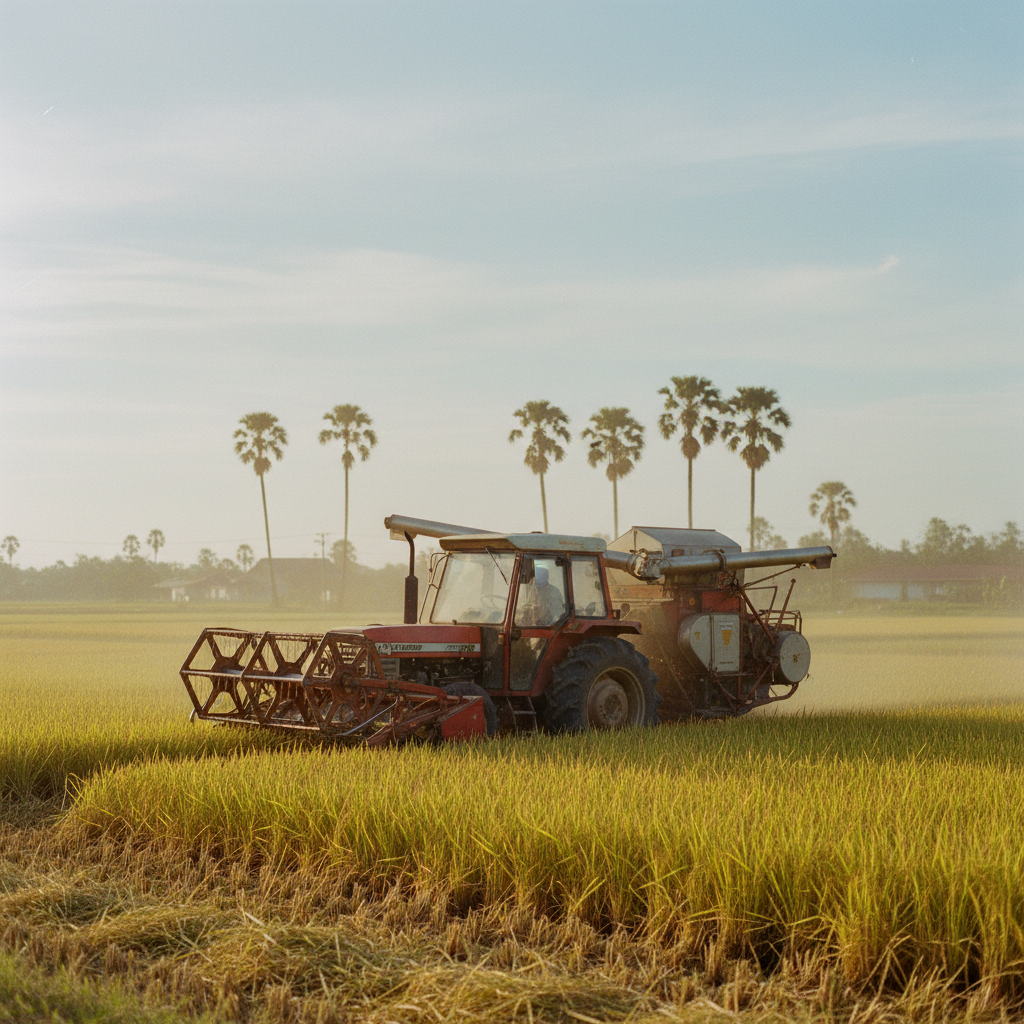 A tractor-mounted combine harvester operating in a golden paddy field at sunset.