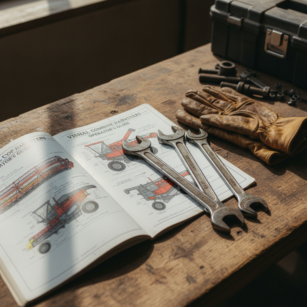 A technical manual and a set of heavy-duty wrenches on a wooden workbench.