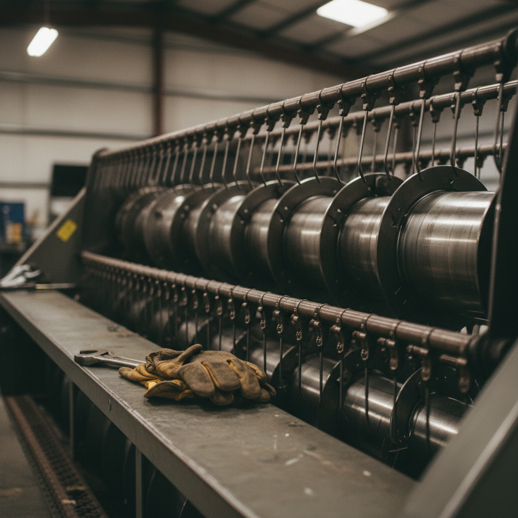The stainless steel threshing drum and internal components of a VCH combine harvester.