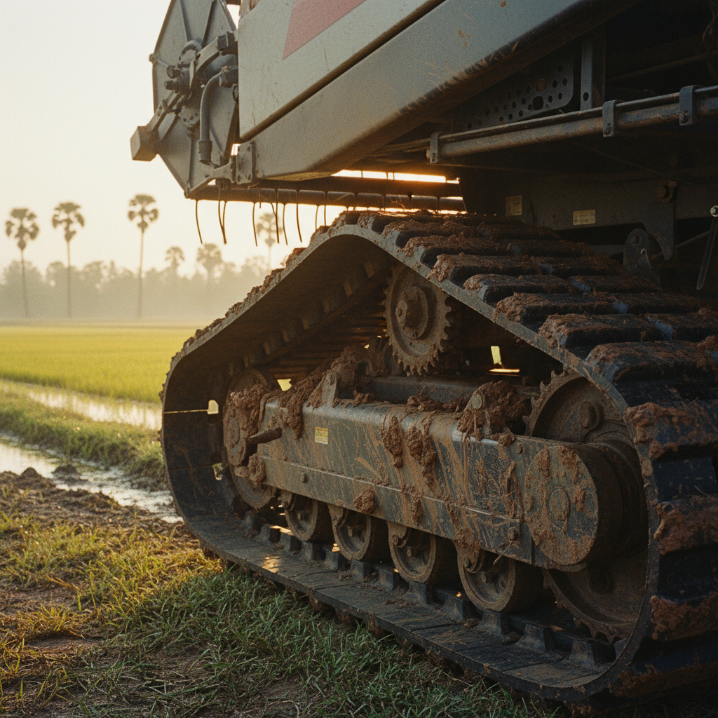 A heavy-duty rubber track system of a combine harvester covered in wet Punjab clay soil.