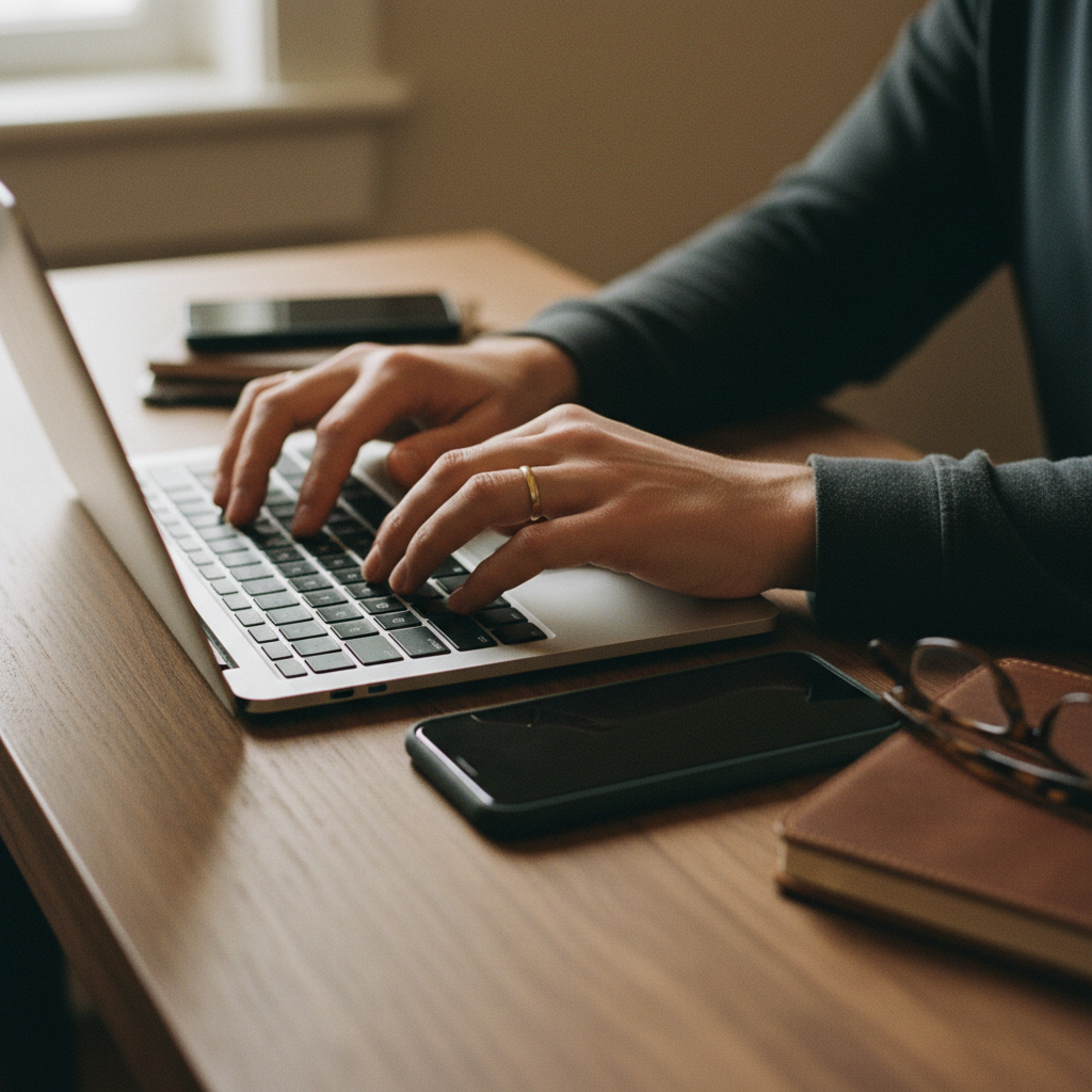 Close-up of a person’s hands typing on a laptop next to a smartphone showing a calendar notification.