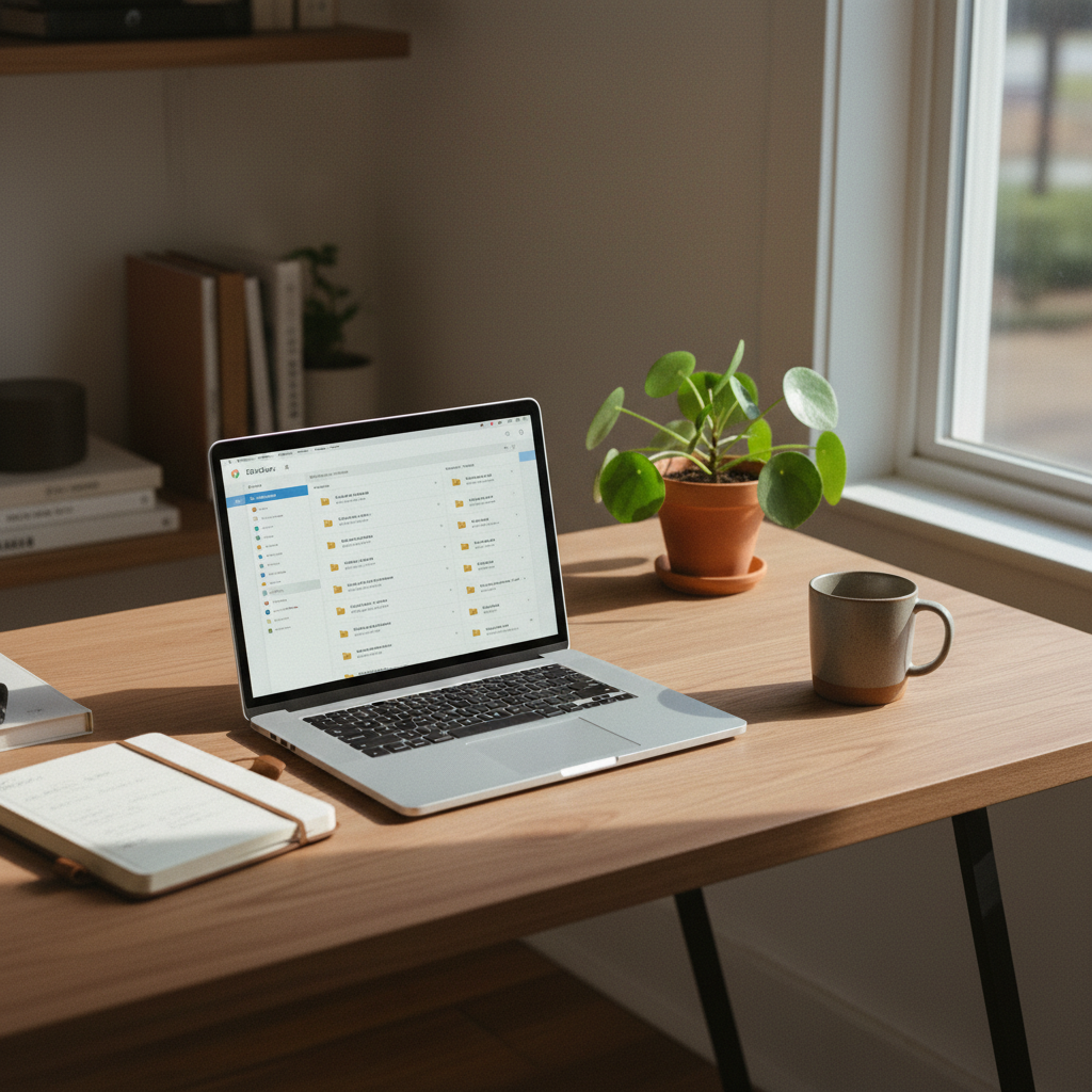 A clean, minimalist home office desk in a bright room with a laptop, a notebook, and a ceramic mug.