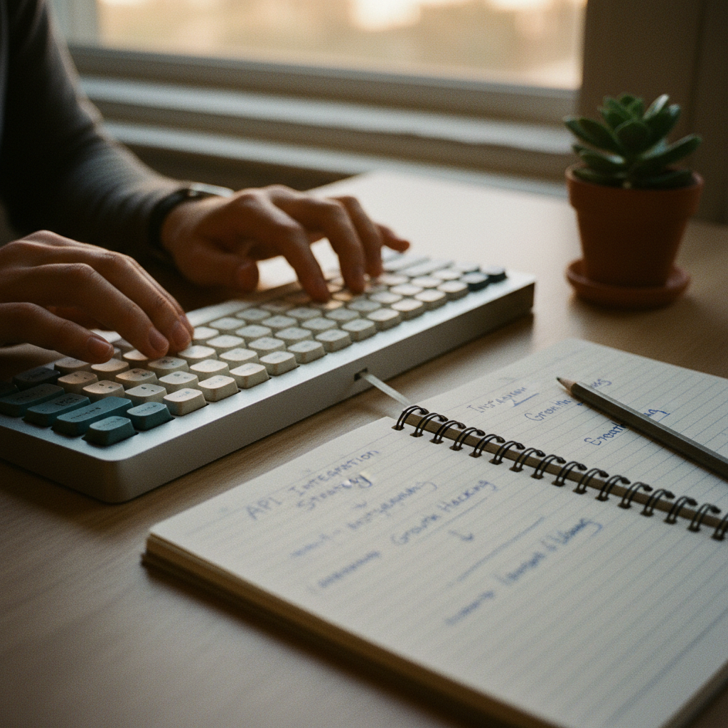 A close-up of a digital marketer's hands typing on a mechanical keyboard with a notepad full of strategy notes.