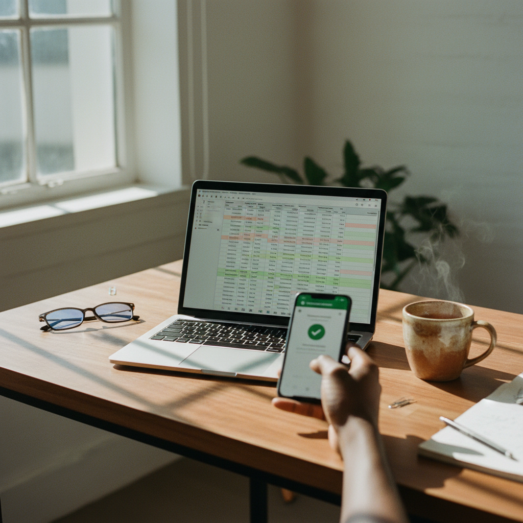 A professional workspace in Nairobi with a smartphone showing an M-Pesa transaction and a laptop displaying a marketing dashboard.