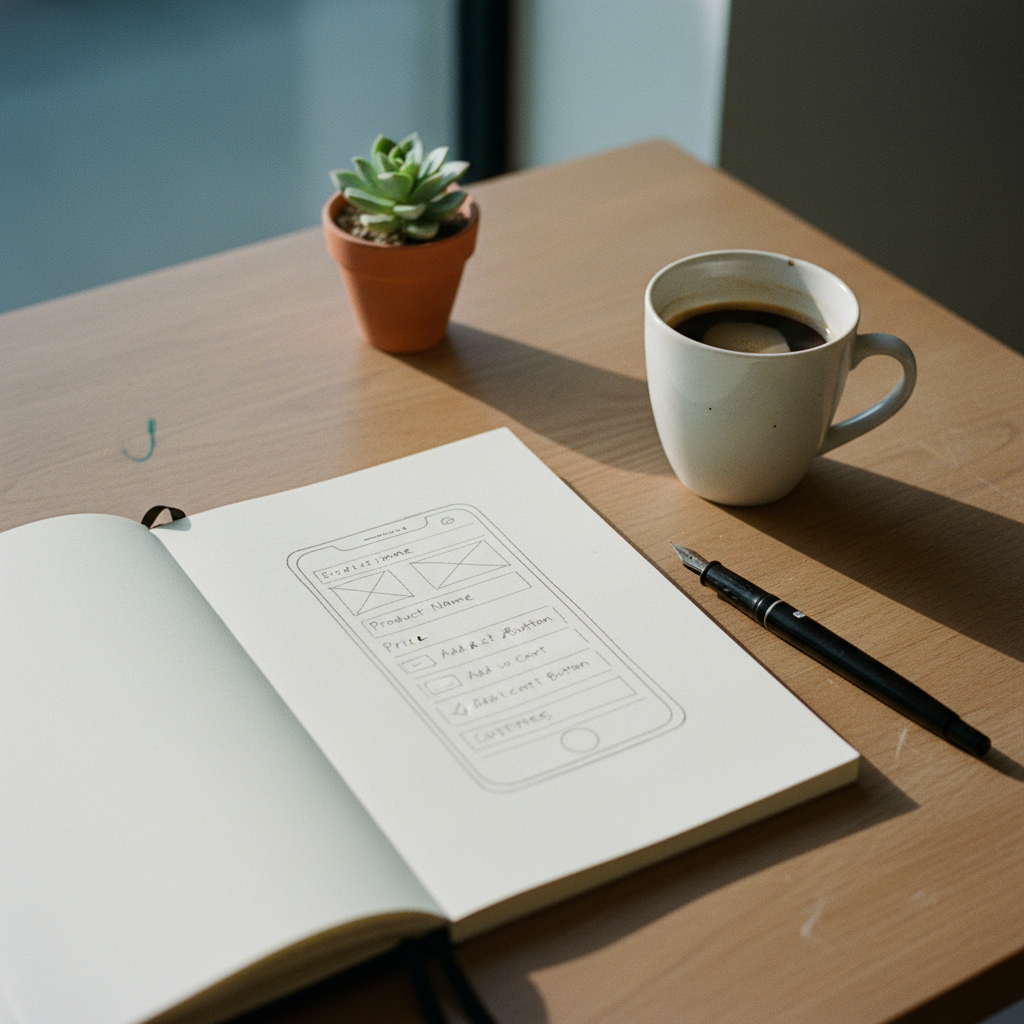 A detailed top-down view of a clean wooden desk with a notebook showing a hand-drawn website wireframe, a fountain pen, and a cup of black coffee.