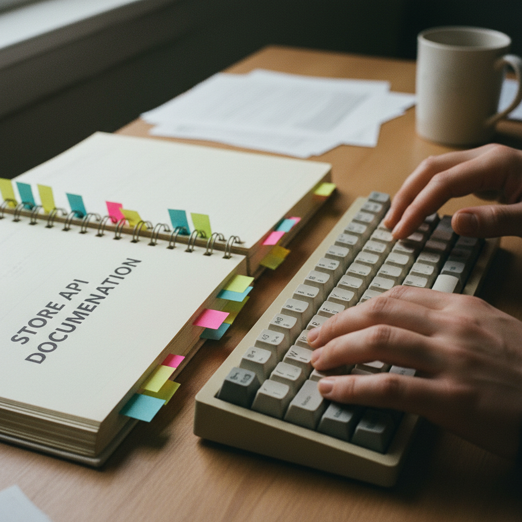 A professional developer's workspace with a mechanical keyboard and a printed technical documentation manual.