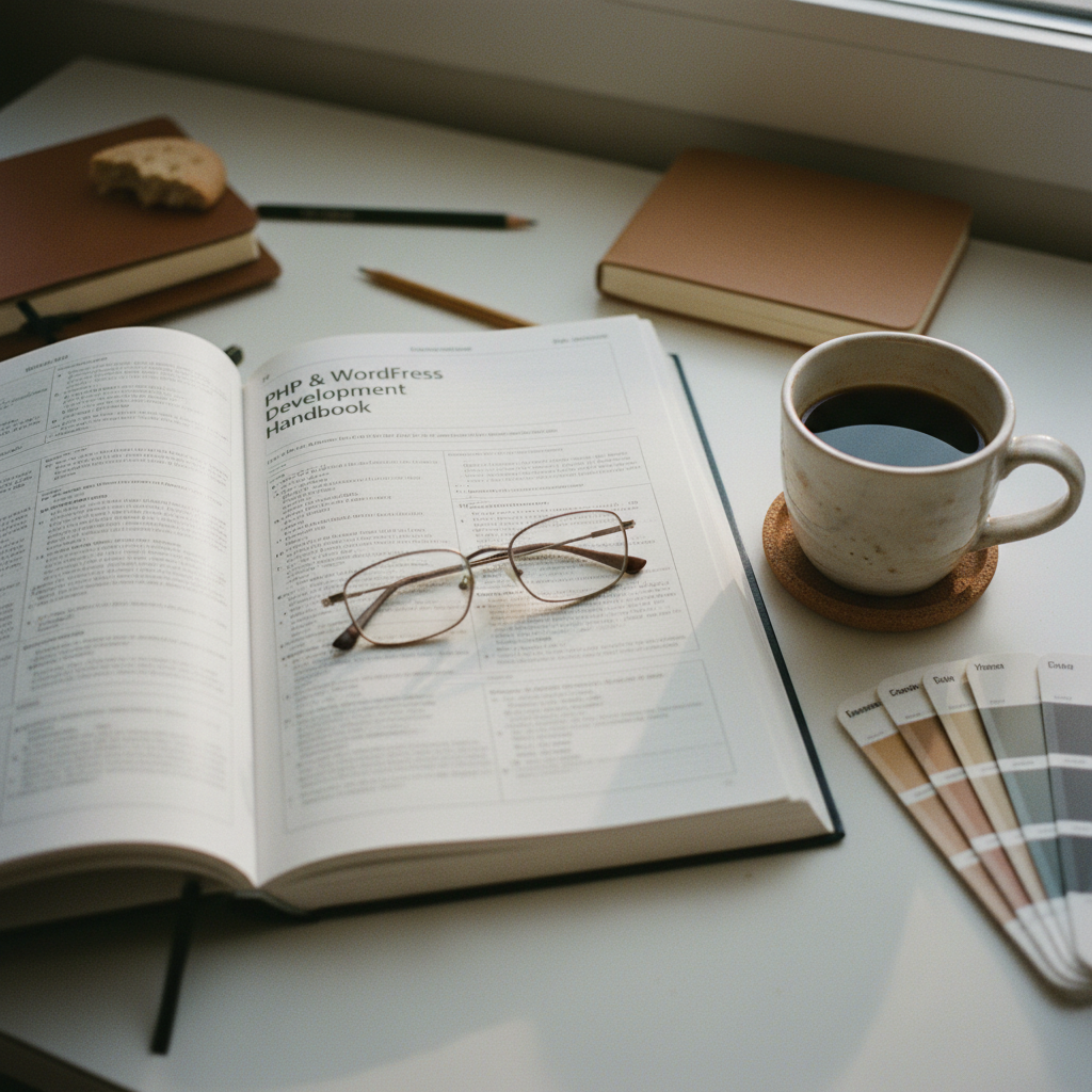 A developer's workspace with a printed technical manual, a cup of black coffee, and a color swatch book on a gray matte surface.