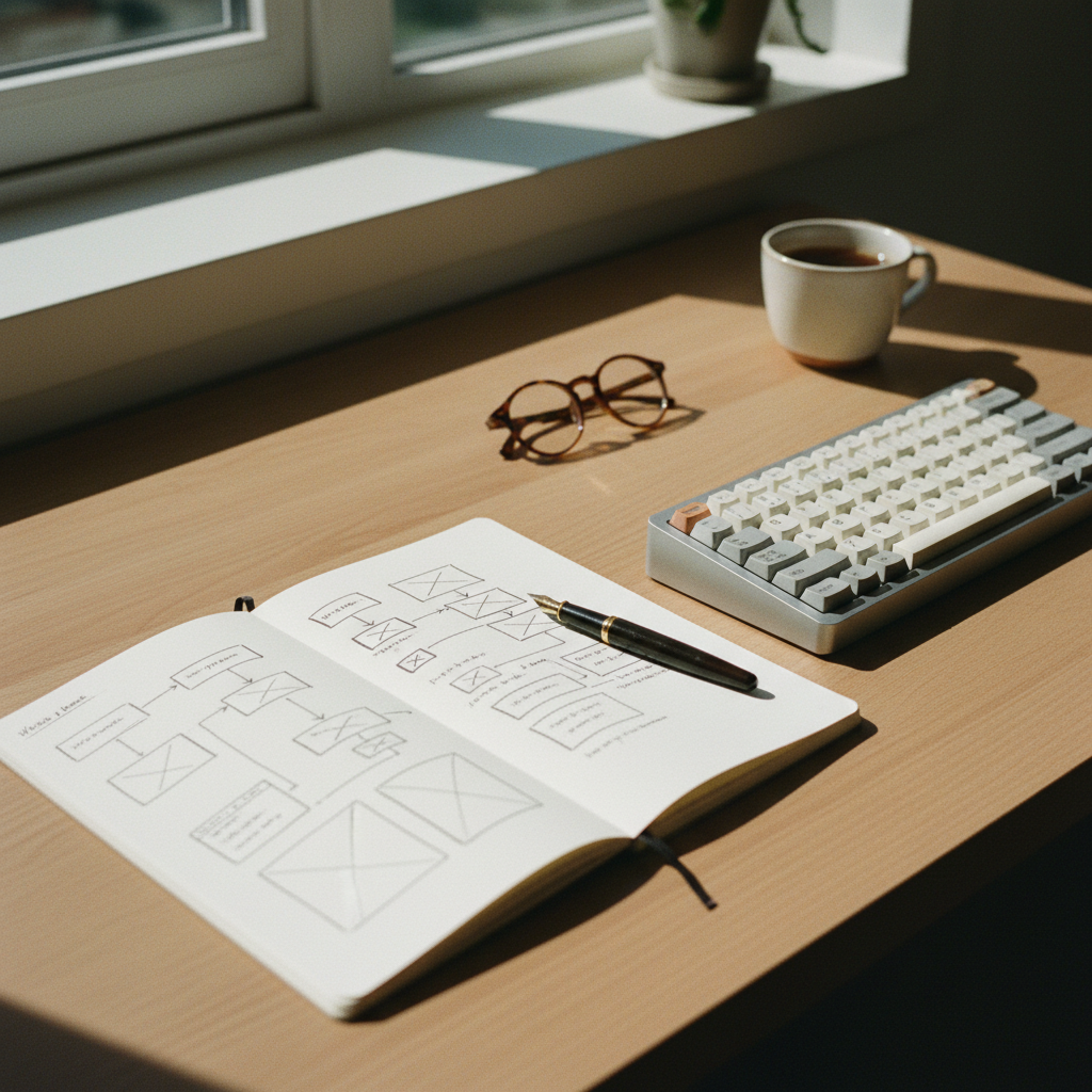 A clean, organized wooden desk with a notebook, a glass of water, and a high-end mechanical keyboard, bathed in natural morning light.