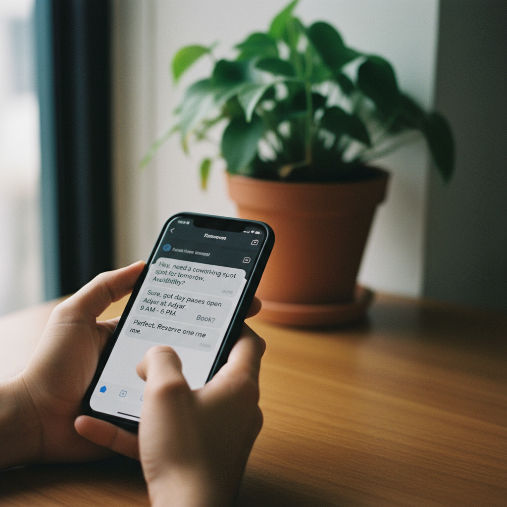 A close-up of a person's hands using a smartphone to send a message on WhatsApp, with a blurred office background.
