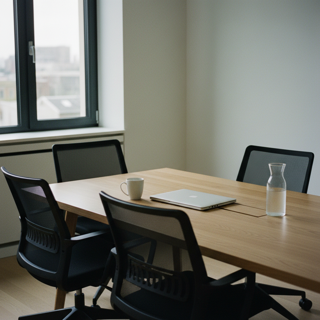 A clean, modern meeting room table with four chairs, a white ceramic coffee mug, a thin laptop, and a notebook under soft morning light.