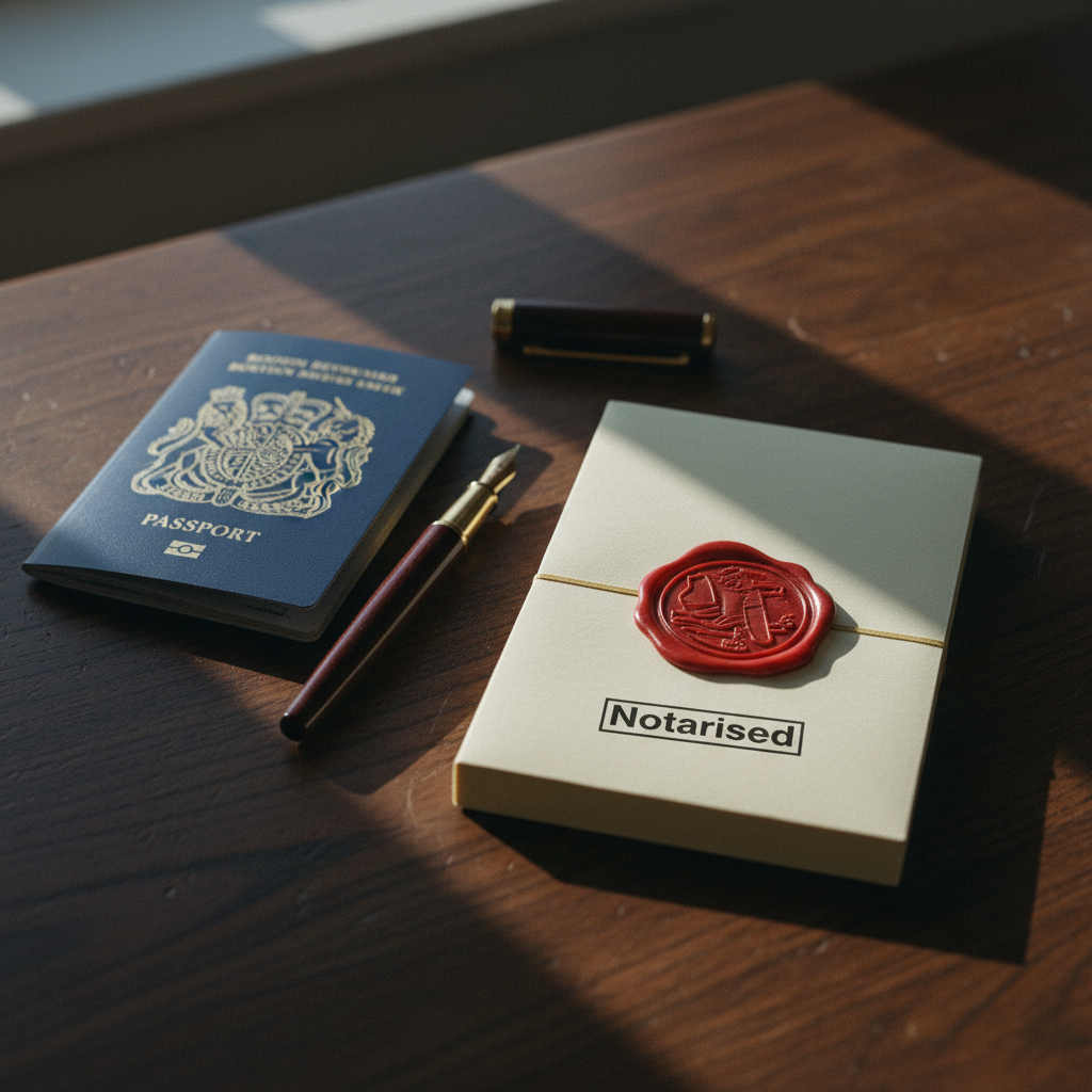 A close-up of a wooden desk with a British passport, a fountain pen, and a stack of notarised legal documents including an NOC and a utility bill.