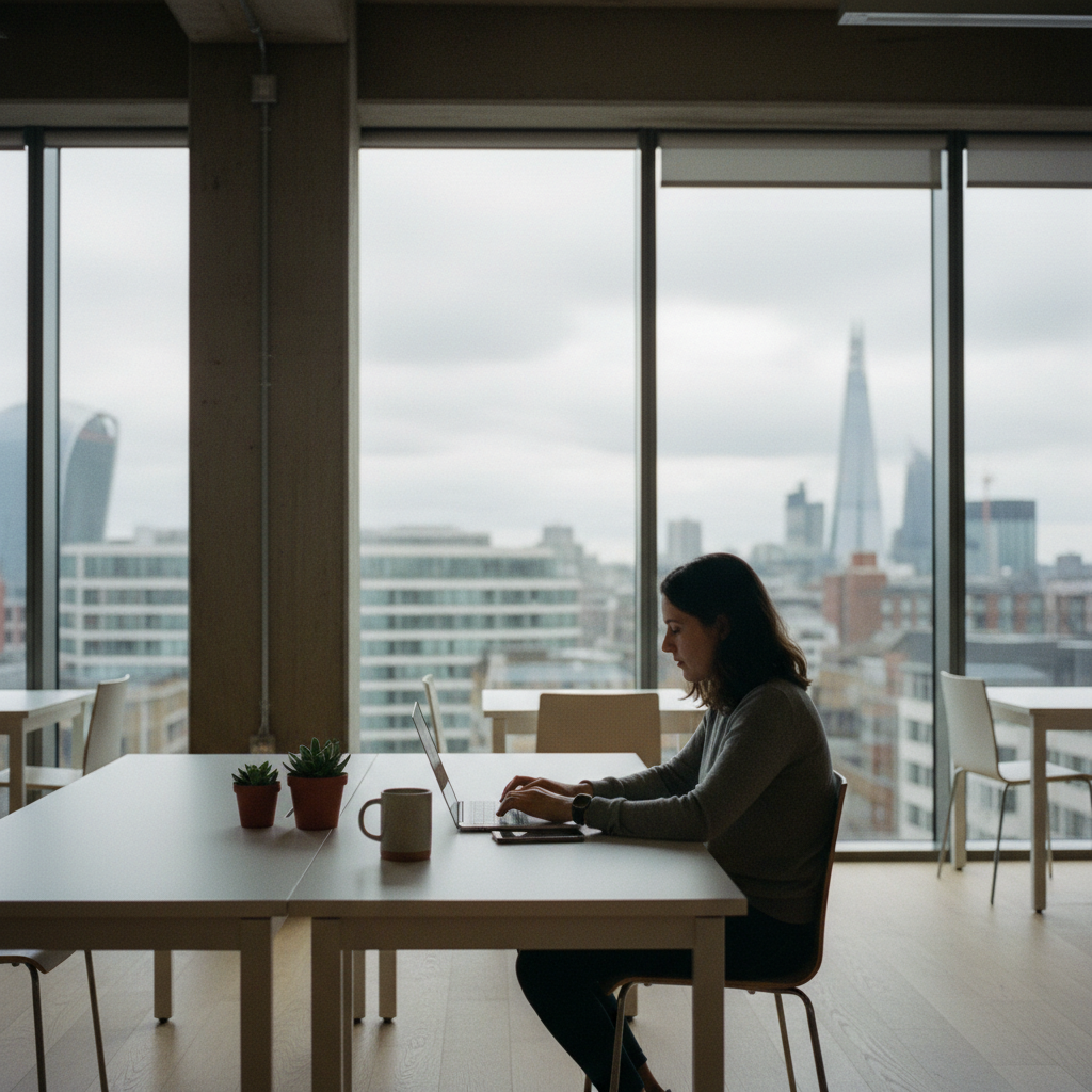 A professional coworking lounge in London with a view of the Shard, where a remote founder is working on a laptop.