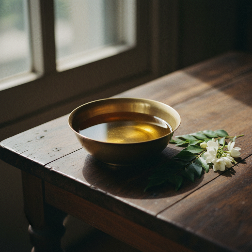 A traditional brass bowl filled with warm, golden Ayurvedic oil, ready for a Panchakarma treatment.