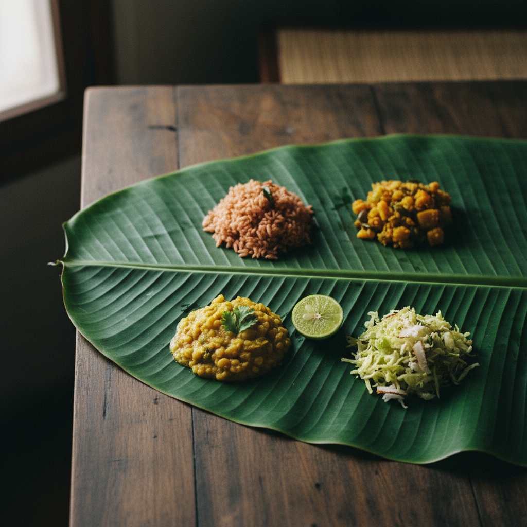 A beautifully arranged sattvic meal on a banana leaf, served at a wellness retreat in Kerala.
