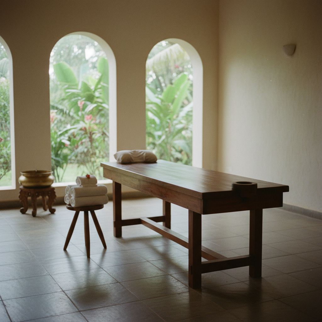 A serene and private treatment room at Mekosha in Kerala, with a wooden massage table and fresh towels.