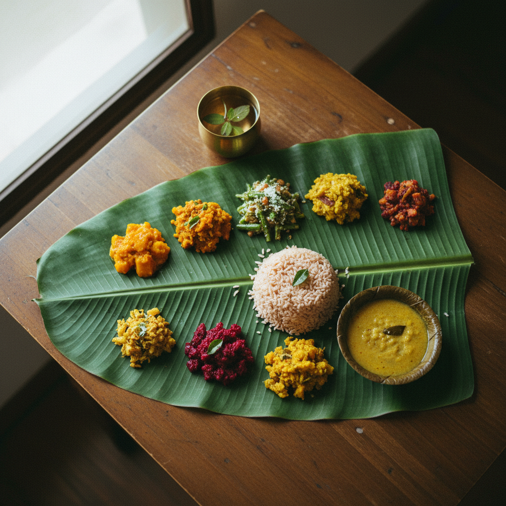 A beautifully presented Sattvic meal on a banana leaf at Mekosha, Kerala.