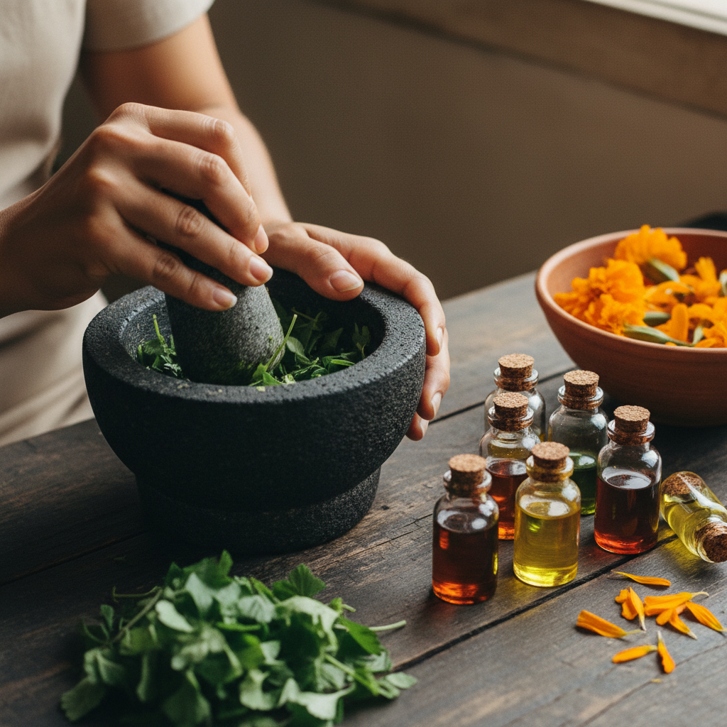 A close-up of Ayurvedic herbs and oils being prepared for treatment.