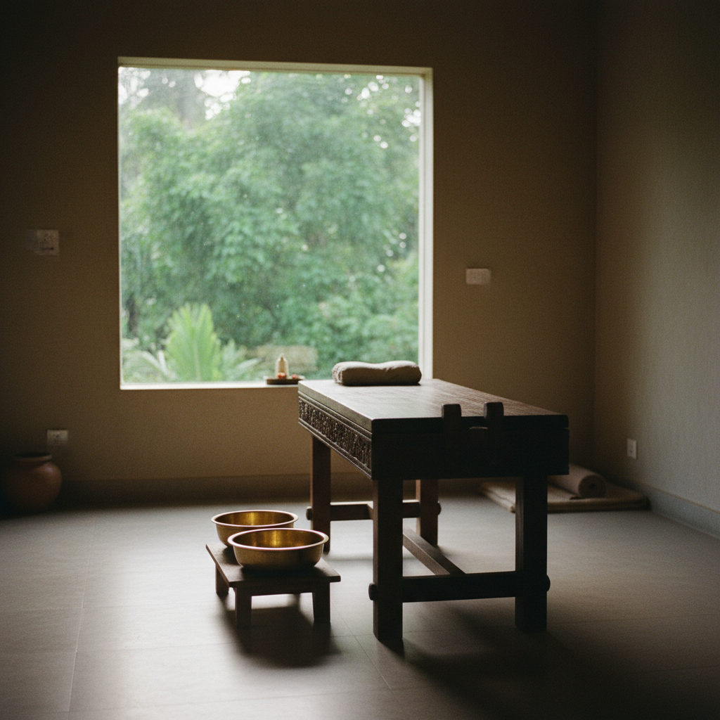 A serene treatment room at Mekosha Ayurveda retreat in Kerala, with a traditional wooden massage table and brass bowls.