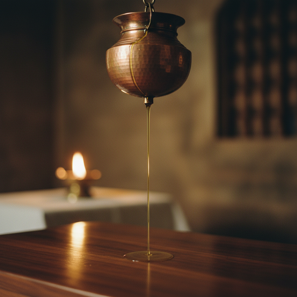 Una vasija de cobre tradicional para Shirodhara, conocida como Dhara Patra, vierte un chorro de aceite tibio.