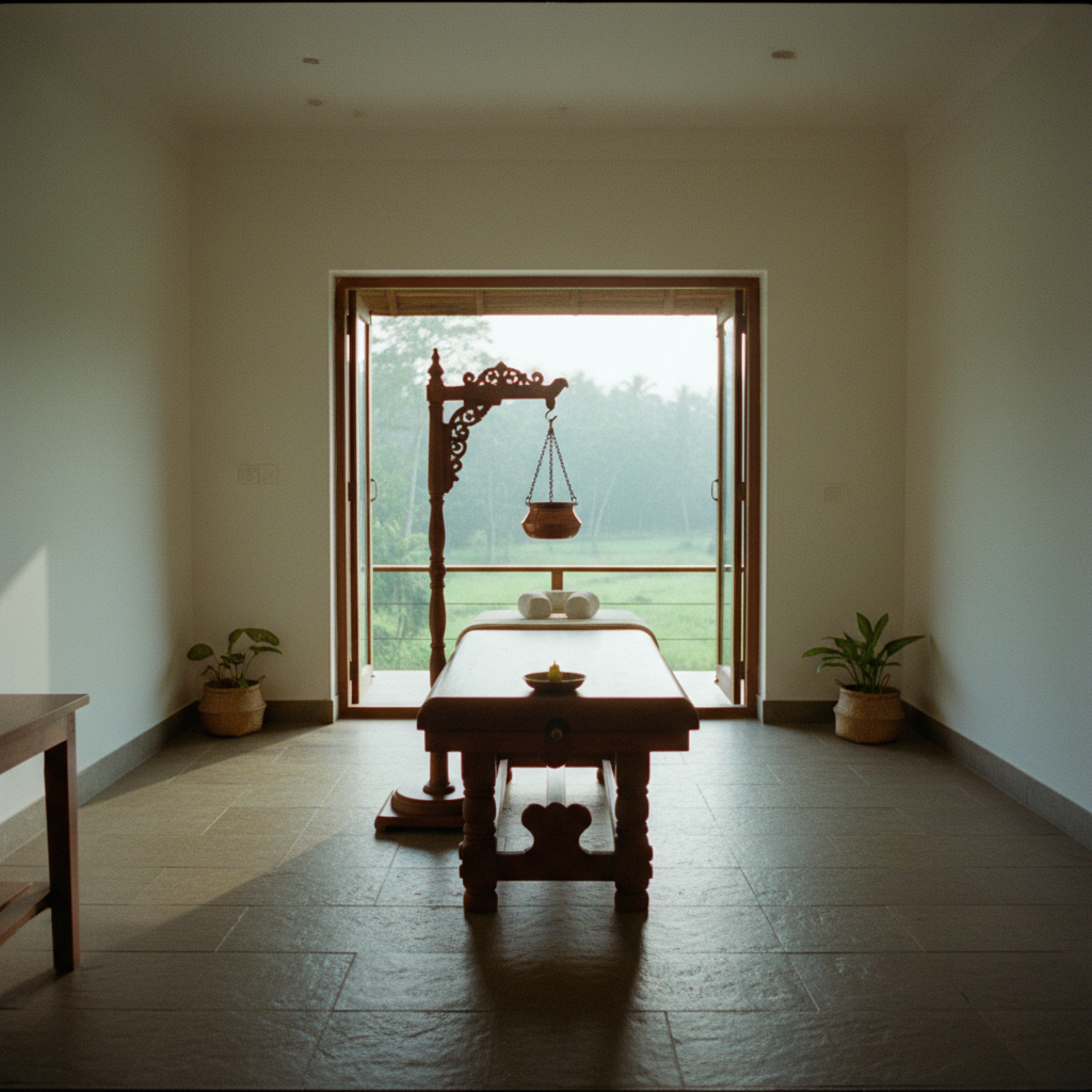 Una sala de tratamiento de Shirodhara tranquila en Mekosha con una mesa de madera tallada.