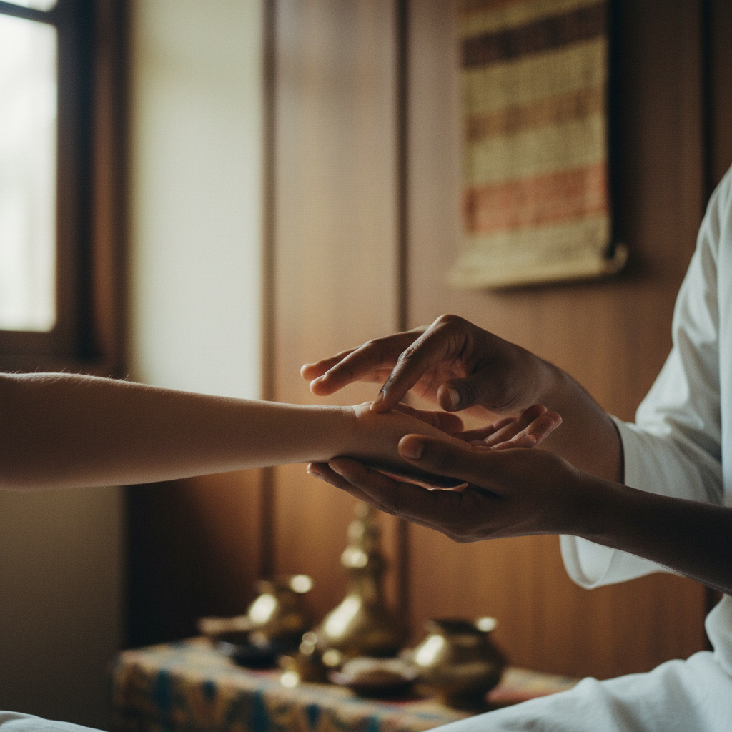 A close-up of an Ayurvedic doctor's hands performing Nadi Pariksha, or pulse diagnosis, on a guest's wrist in a serene treatment room.