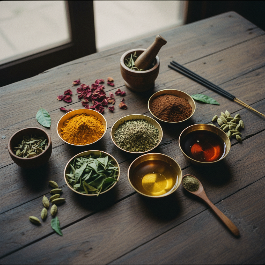 An overhead shot of various Ayurvedic herbs, powders, and oils arranged neatly in brass bowls on a dark wooden table.