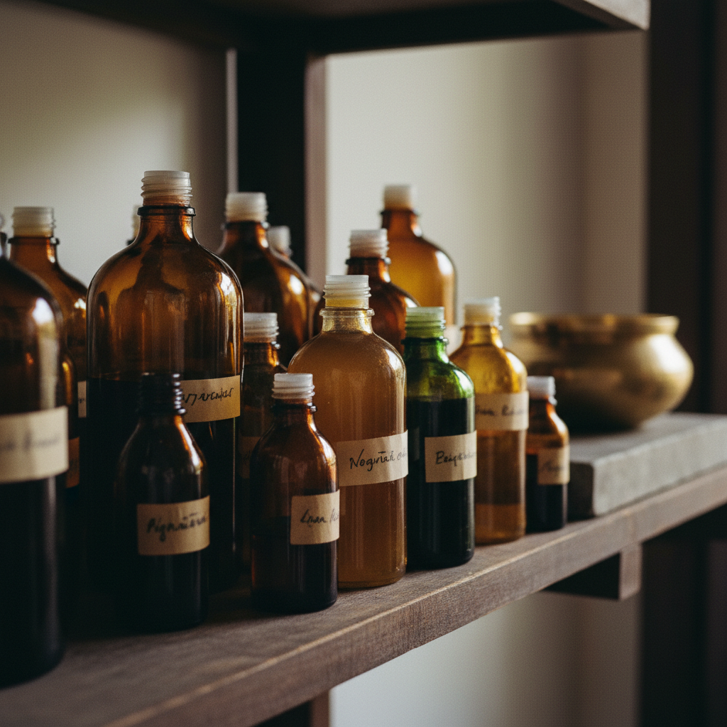 Vista detallada de varios aceites herbales ayurvédicos en botellas de vidrio oscuro, listos para un tratamiento personalizado.