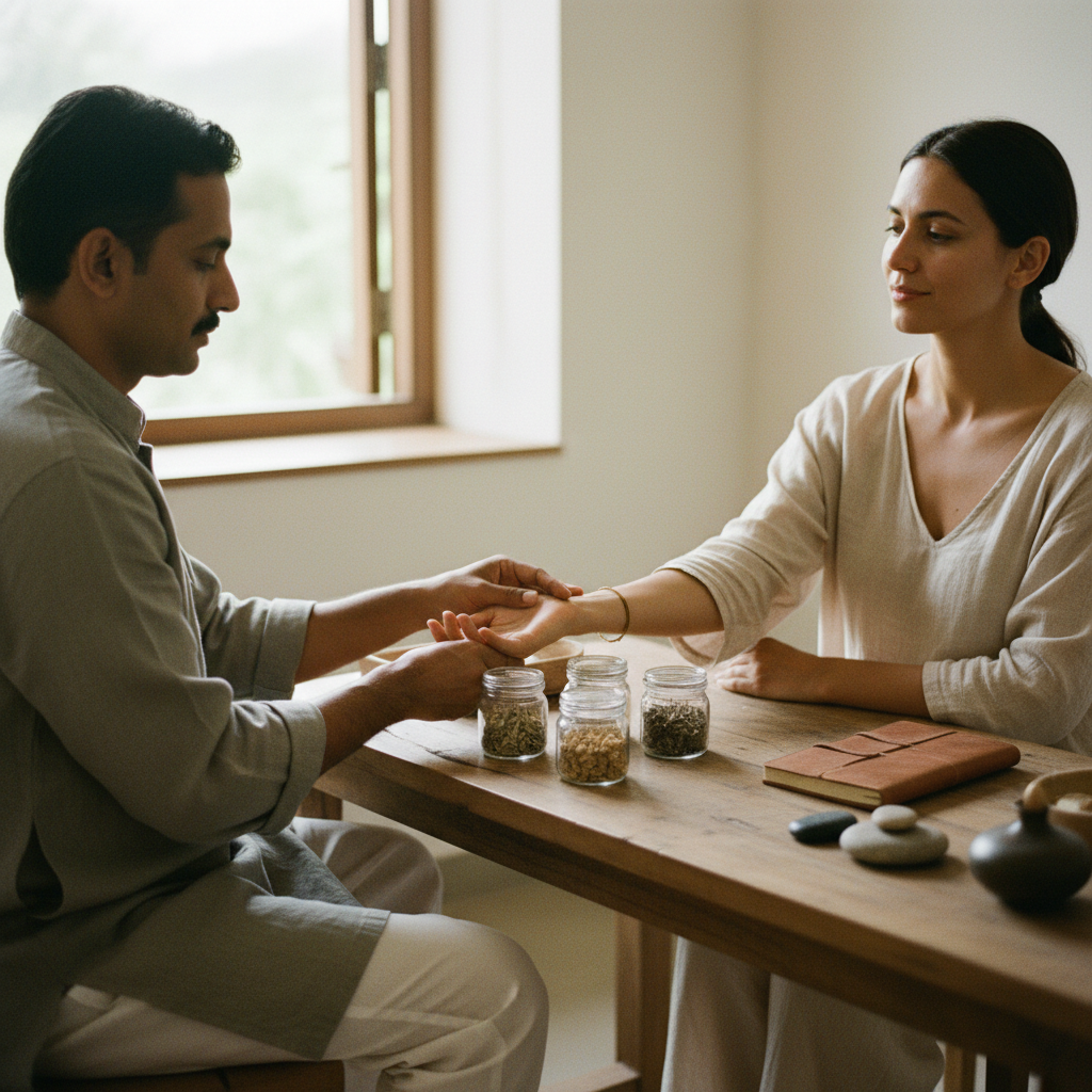 Ein Ayurveda-Arzt führt eine traditionelle Pulsdiagnose bei einem Patienten durch.