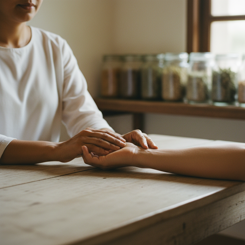An Ayurvedic doctor performing a traditional pulse diagnosis (Nadi Pariksha) on a guest.