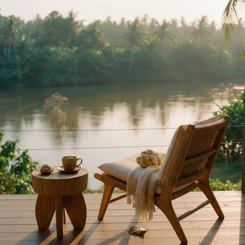 A tranquil, sunlit private villa balcony at Mekosha overlooking a lush river in Kerala.