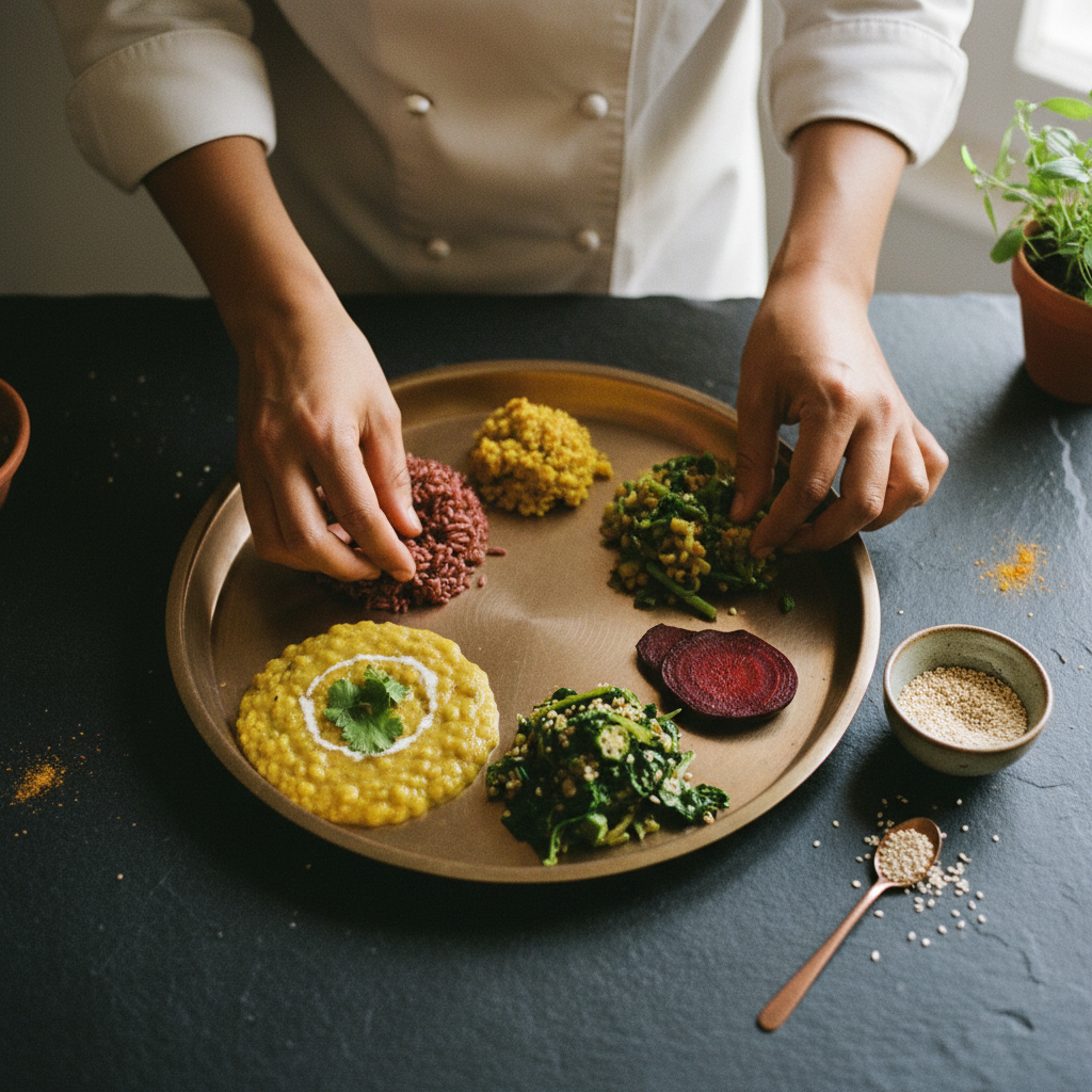 An overhead shot of a personalized Ayurvedic meal being prepared in a clean, modern kitchen.