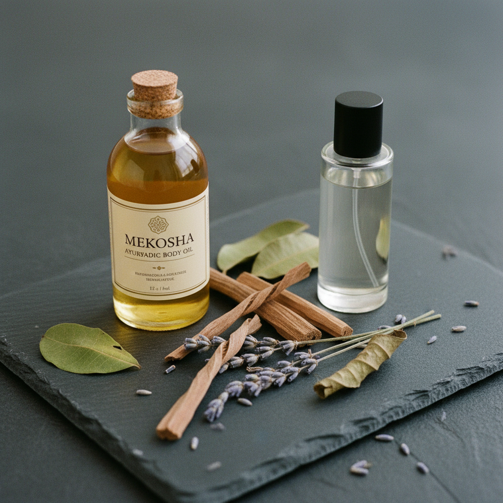 A flat lay of an Ayurvedic oil bottle and a perfume bottle on a slate surface.