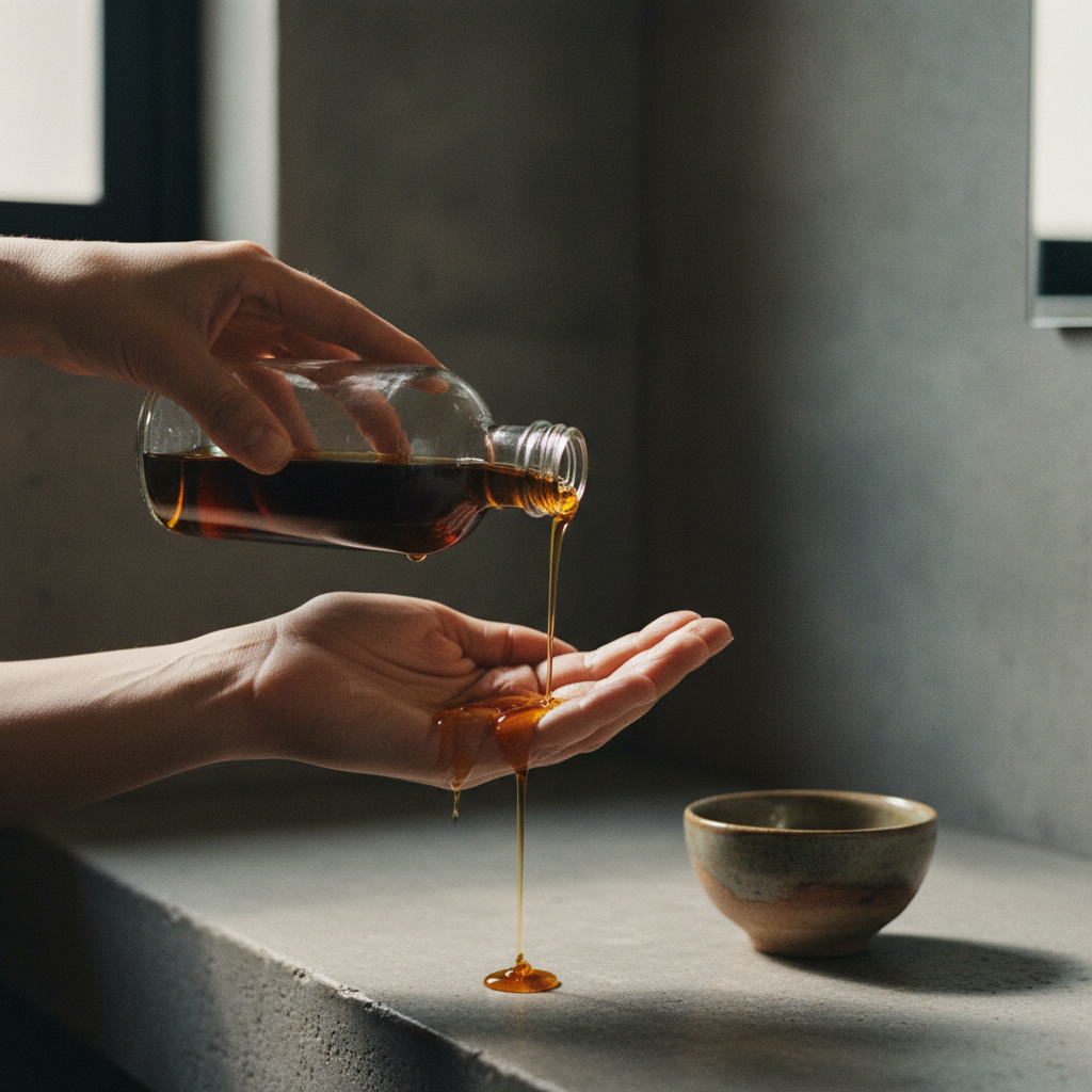A close-up of rich Ayurvedic oil being poured into the palm of a hand in a serene bathroom.