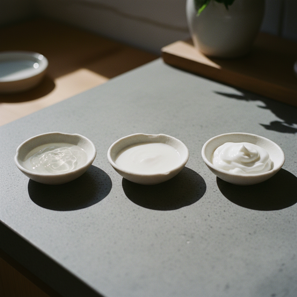 Three dishes showing different skincare textures: a gel, a lotion, and a cream.