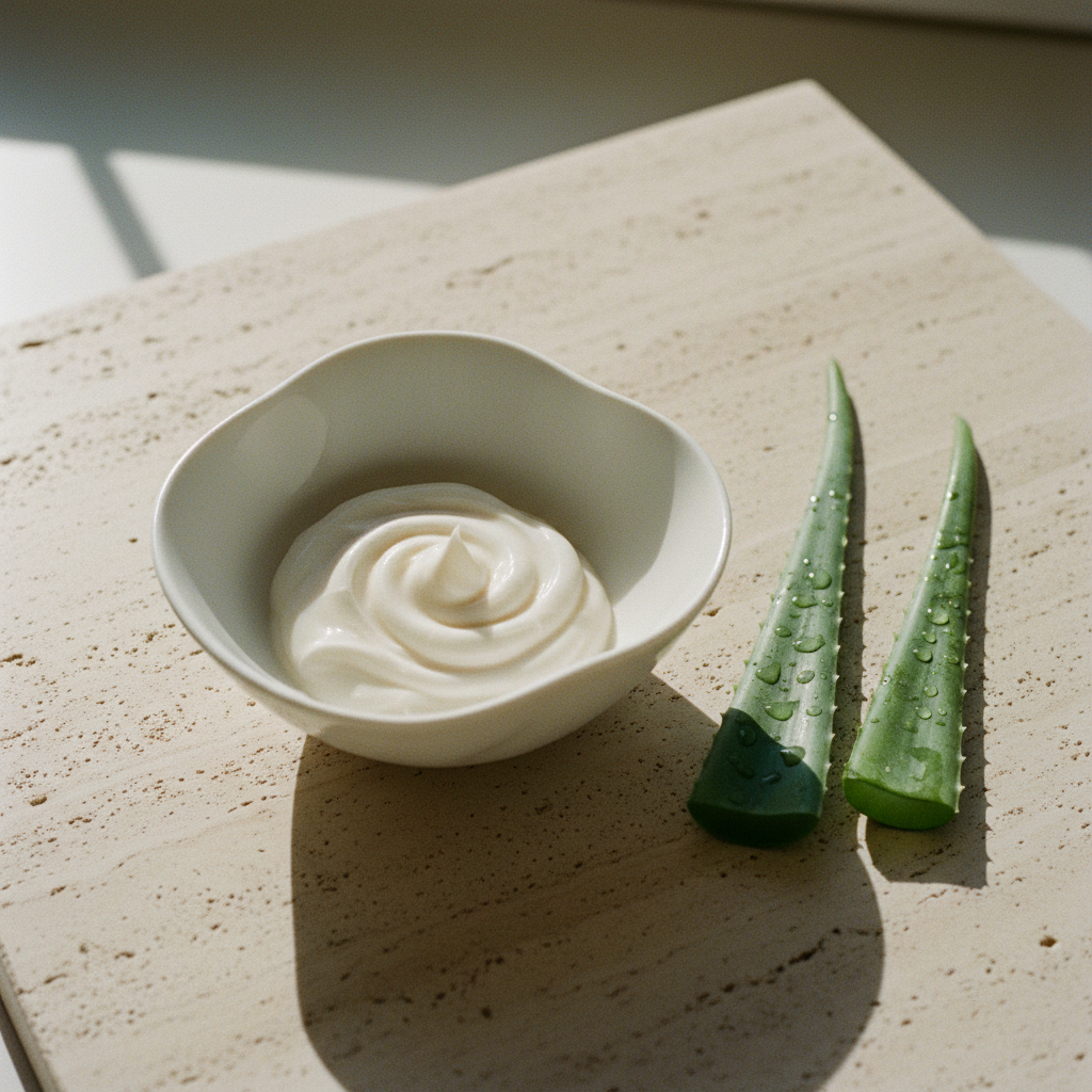 A white bowl of cream moisturizer next to fresh aloe vera leaves on a stone surface.
