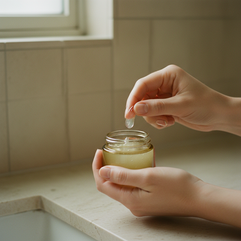 Hands scooping a clear hydrating serum from a glass jar.