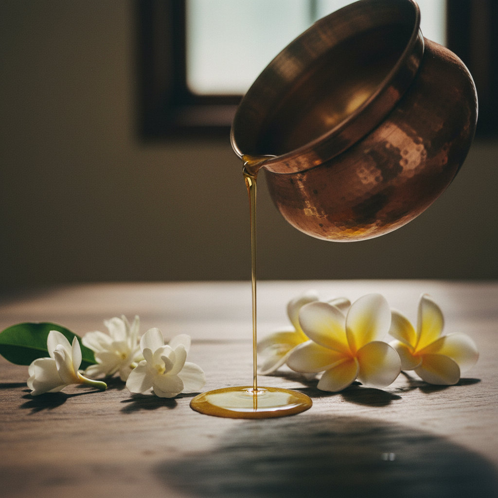 Uma tigela de cobre com óleo de massagem ayurvédico morno sendo derramado em uma corrente fina, com flores frescas de frangipani ao lado, em uma sala de tratamento com iluminação suave em Kerala.