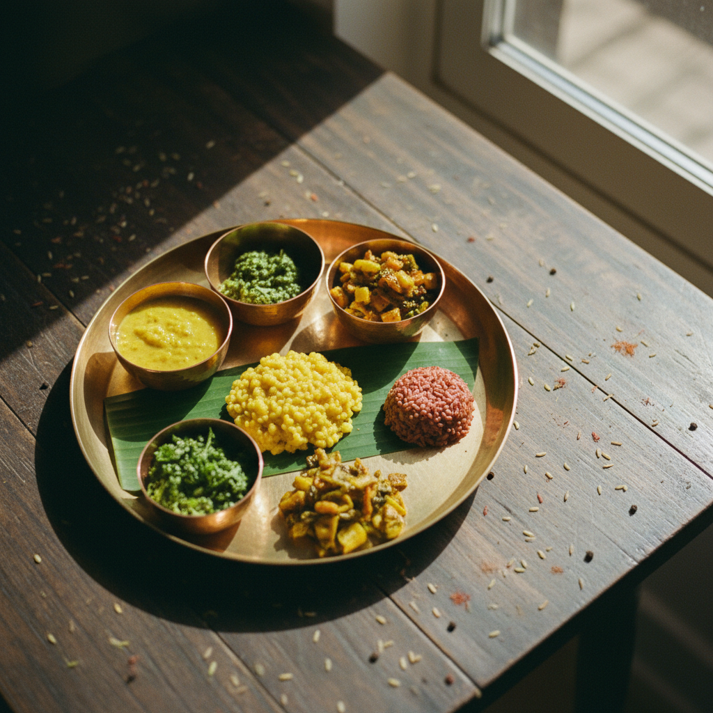 Uma bandeja com uma refeição ayurvédica sattvic lindamente arranjada, apresentando pequenas tigelas ('katoris') com vários pratos de vegetais coloridos e arroz, em um ambiente de jantar tranquilo.