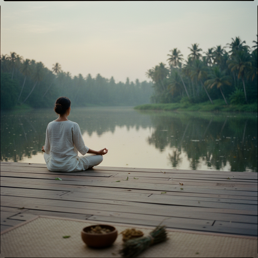 Uma mulher praticando uma postura de ioga suave em uma plataforma de madeira aberta com vista para um rio exuberante e verde em Kerala ao amanhecer.