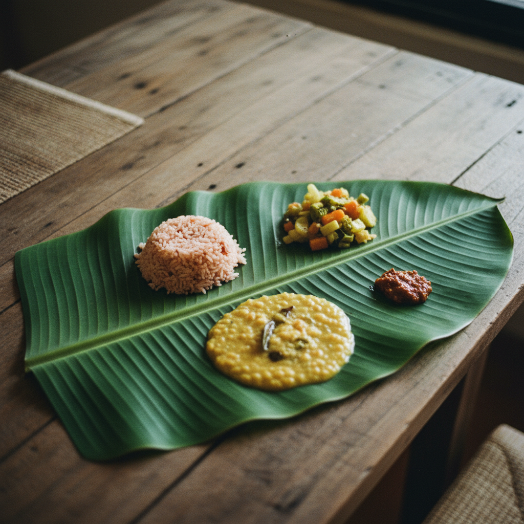 Una comida sátvica ayurvédica servida en una hoja de plátano en Kerala.