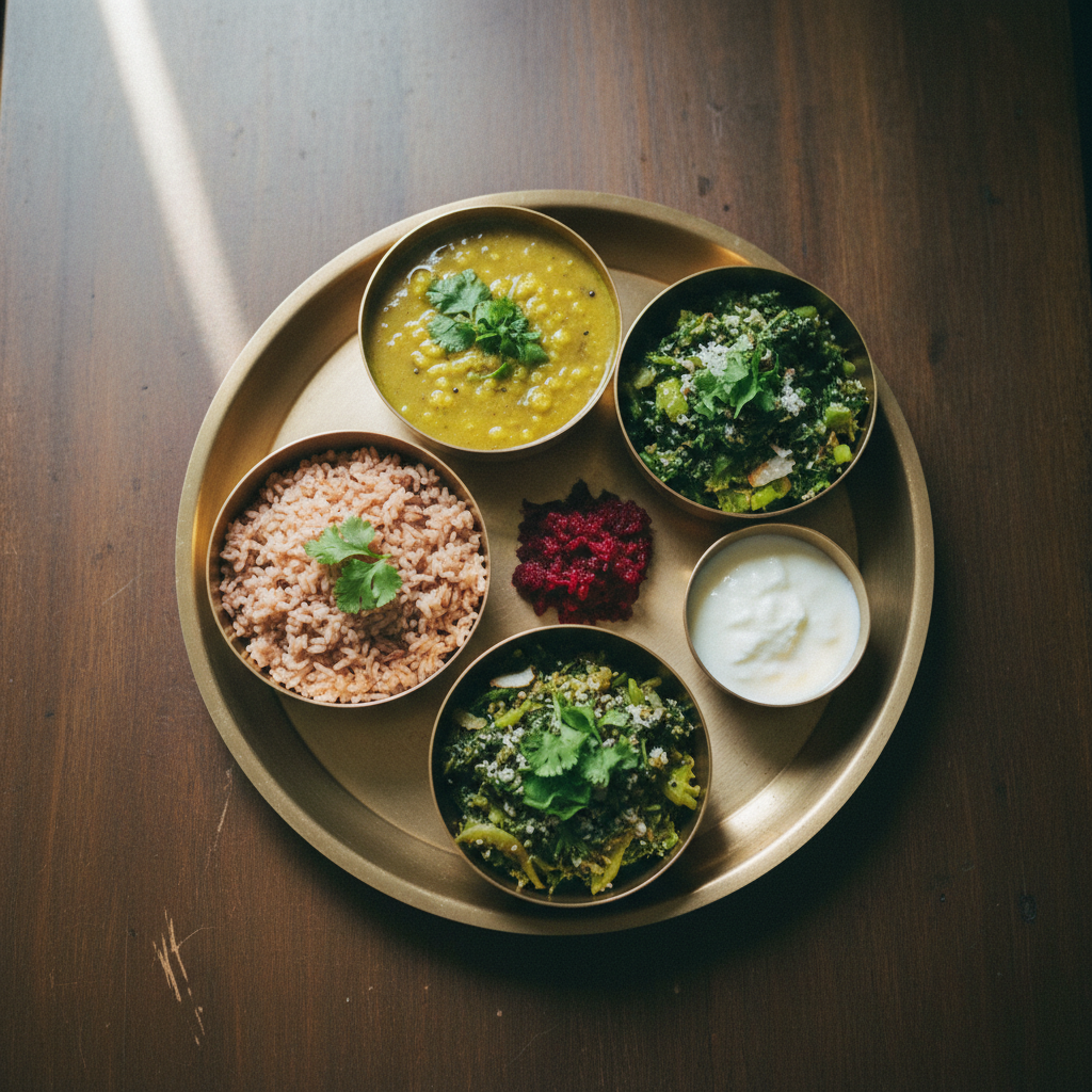 Un plateau de repas ayurvédique sattvique, coloré et équilibré.